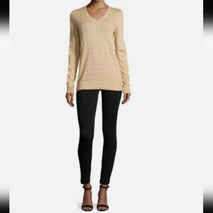 MICHAEL KORS Long Sleeve Studded V Neck Tan Gold Angora Rabbit Sweater XS